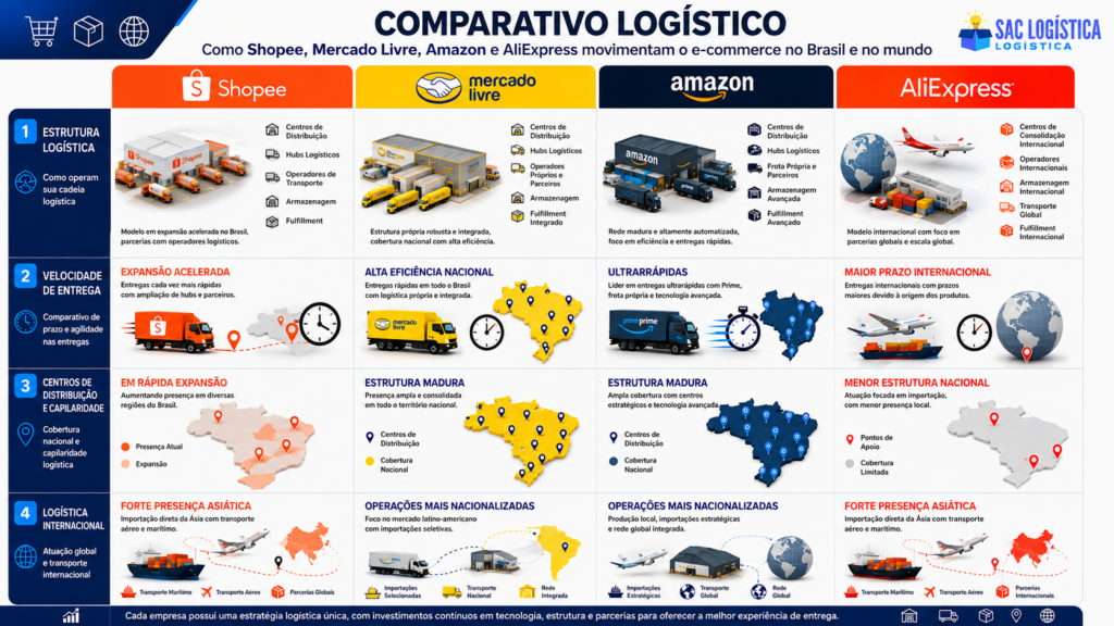 Comparação logística entre Shopee, Mercado Livre, Amazon e AliExpress